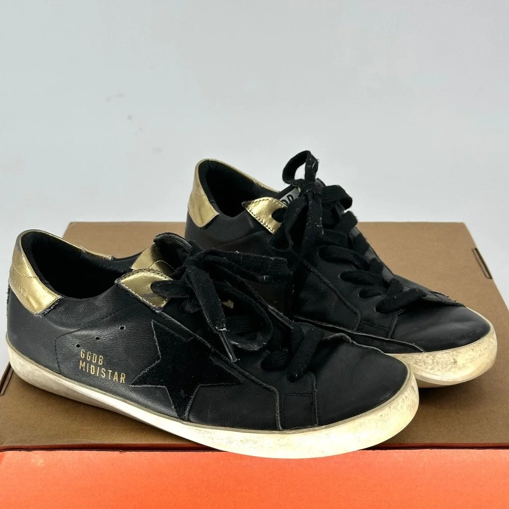 Golden Goose Superstar Black Leather Sneakers Low Trainers‎ Gold Heel Italy 39